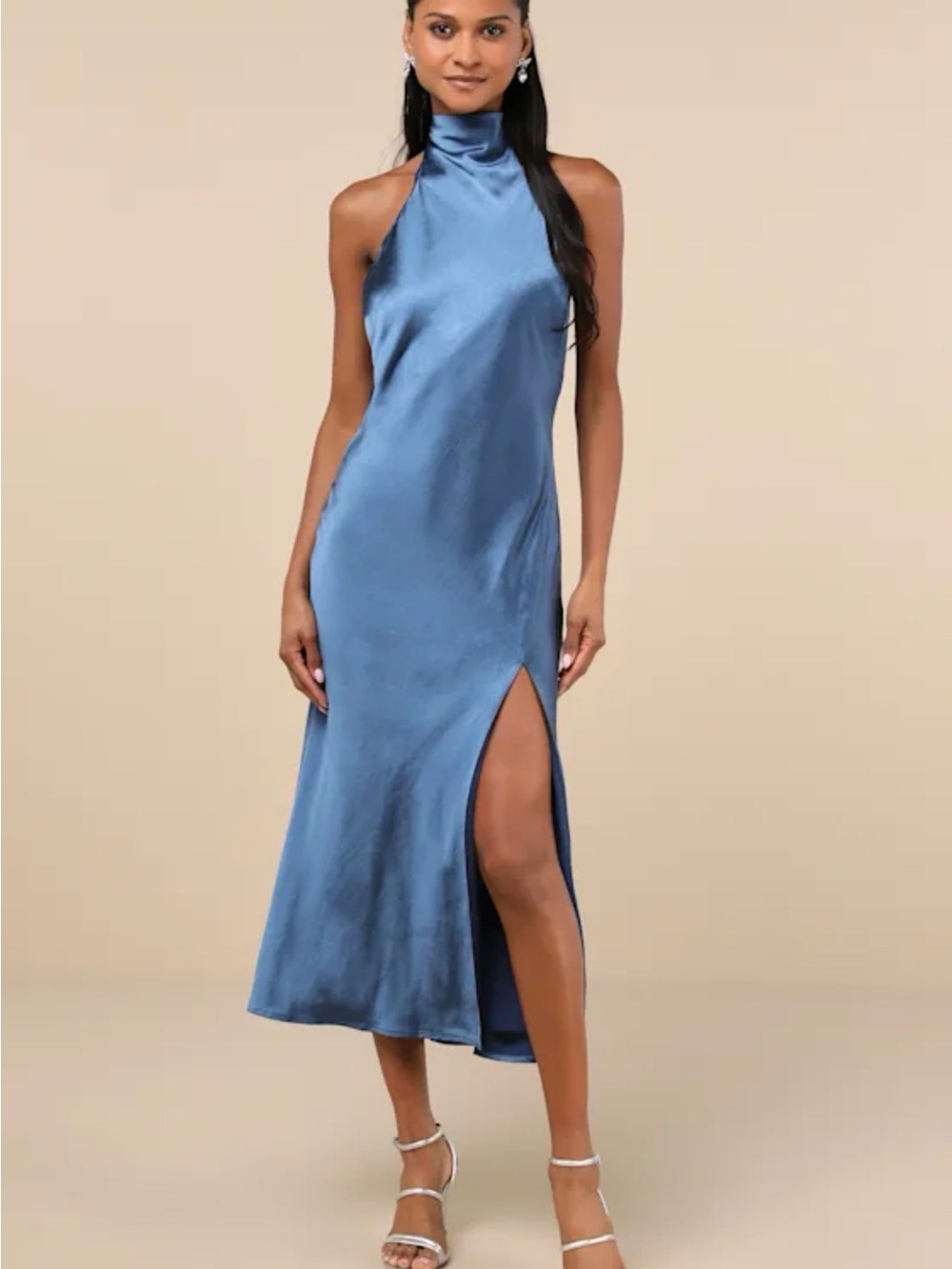 Lulu's Steel Blue Satin High-Neck Halter Midi Dress with Thigh Slit